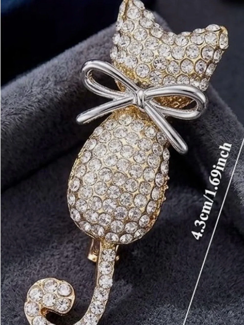 Silver Crystal Cat Brooch with Bow - Elegant Cat Pin